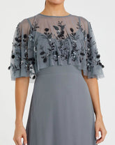 Gray Sleeveless Gown With Embellished Cape